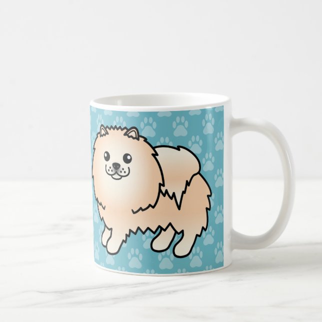 Bedårande Cream Coat Pomeranian Hundar På Blå Kaffemugg (Höger)