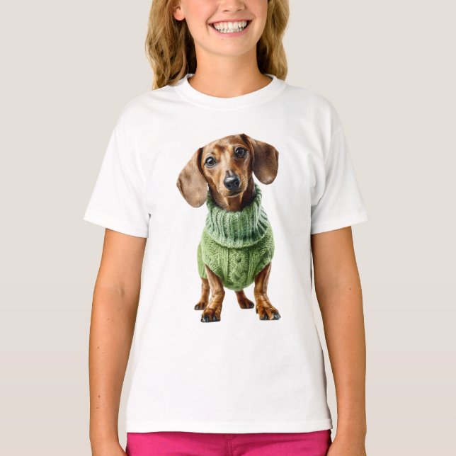 Bedårande Dachshund i Grön Tröja Barn (Framsida)