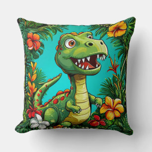 Bedårande dinosaurie omgiven av färgglada blommor kudde