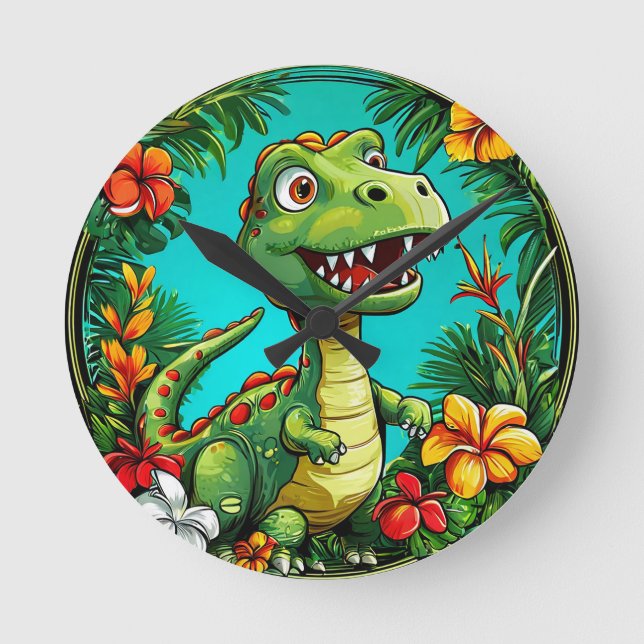 Bedårande dinosaurie omgiven av färgglada blommor rund klocka (Framsida)