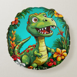 Bedårande dinosaurie omgiven av färgglada blommor rund kudde