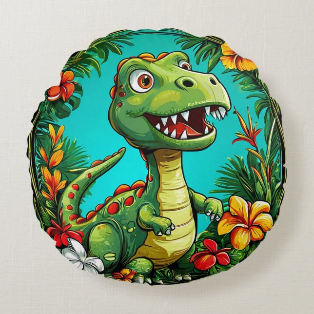 Bedårande dinosaurie omgiven av färgglada blommor rund kudde (Framsidan)