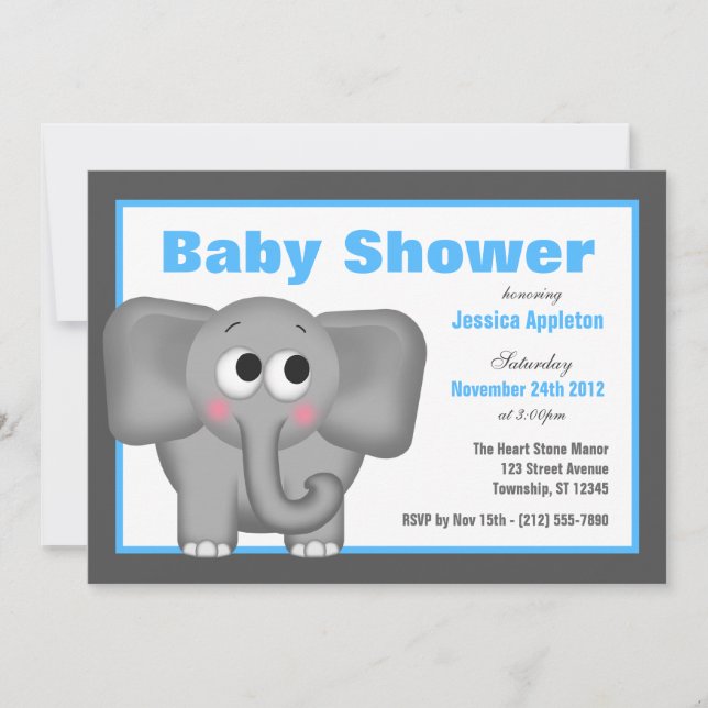 Bedårande Elefant Blå Bebis Shower Inbjudningar (Framsida)
