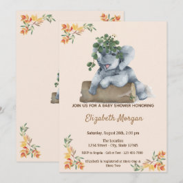 Bedårande elefant, lämnar babyshower inbjudningar
