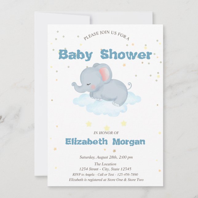 Bedårande elefant, moln, stjärnor baby shower inbjudningar (Framsida)