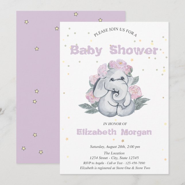 Bedårande Elefant, Stjärnor Blommor Babyfirande Inbjudningar (Fram/baksida)