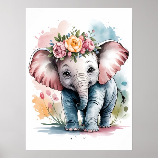 Bedårande elefantbaby med blomkrona poster (Framsidan)