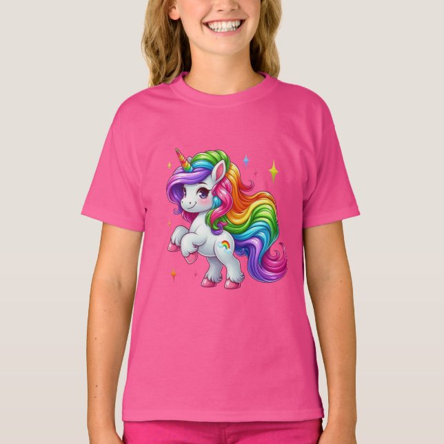 Bedårande Enhörning med Moln & Regnbågsmärke T Shirt (Framsida)
