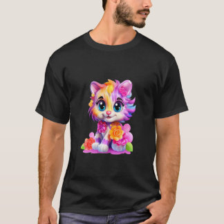 Bedårande Färgglad Katt med Blommor Stora Ögon Kaw T Shirt