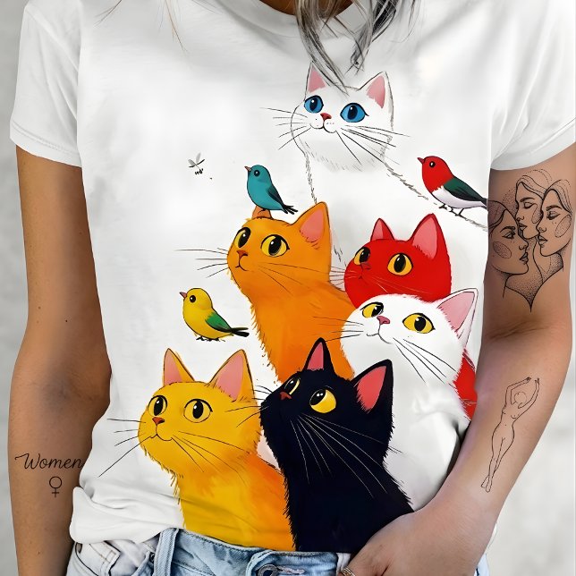 Bedårande färgglada katter & fåglar illustration t shirt (Skapare uppladdad)