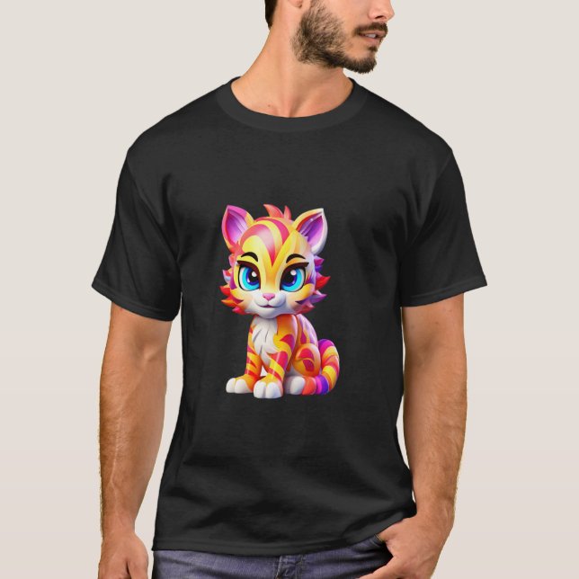 Bedårande Färgrik Randig Katt Serieteckning De T Shirt (Framsida)