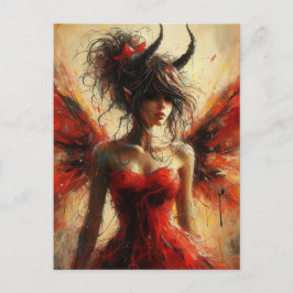 Bedårande fe i en röd klänning med horn vykort