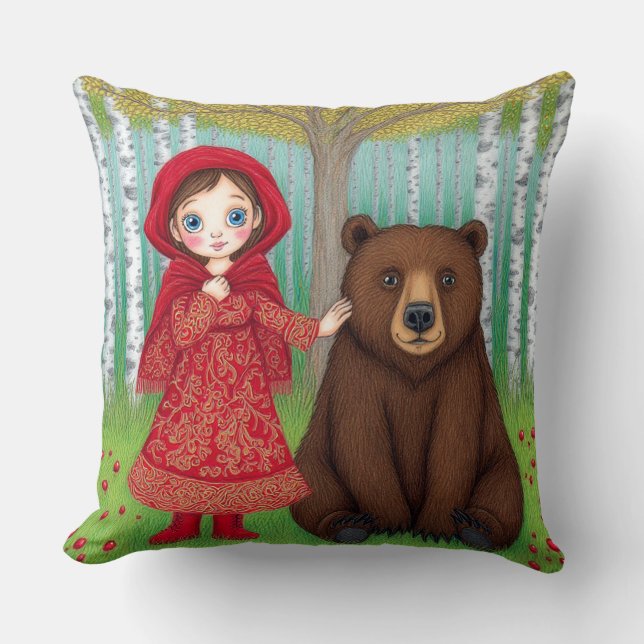 Bedårande flicka och björn i fantasifull skog kudde (Framsida)