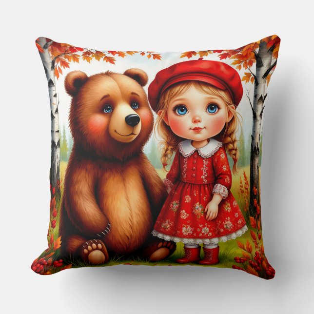 Bedårande flicka och björn i fantasifull skog kudde (Framsida)