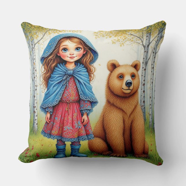 Bedårande flicka och björn i fantasifull skog kudde (Framsida)
