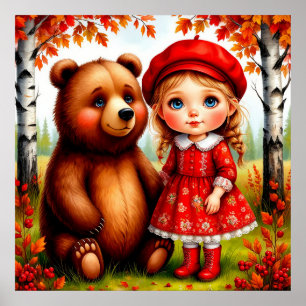 Bedårande flicka och björn i fantasifull skog poster