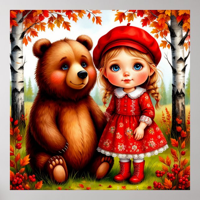 Bedårande flicka och björn i fantasifull skog poster (Framsidan)