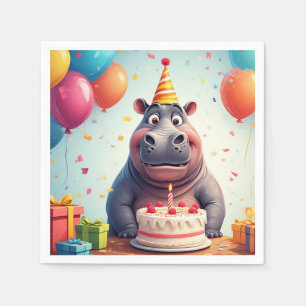 Bedårande flodhäst firar födelsedag med tårta pappersservett