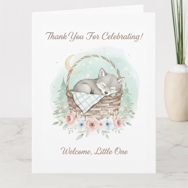 Bedårande, fluffig baby varg Baby Shower Tack Kort (Framsida)