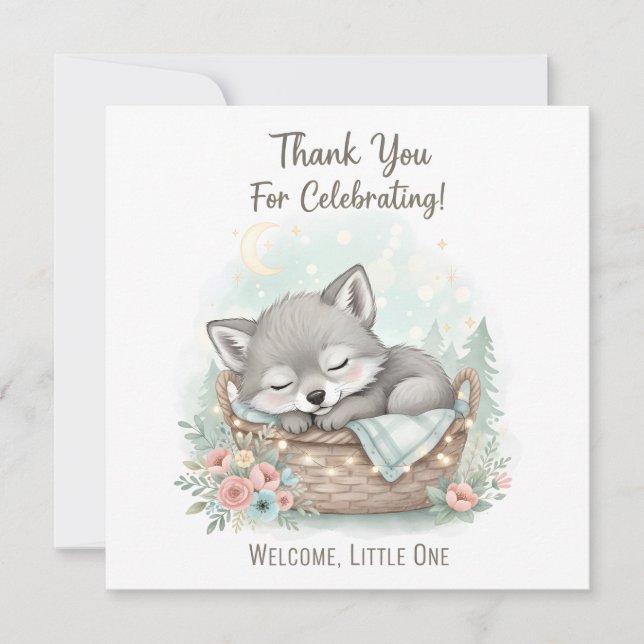 Bedårande, fluffig babyvarg  Baby Shower  Tack Kort (Framsida)