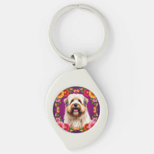 Bedårande fluffig hund med blommor swirl silverfärgad nyckelring