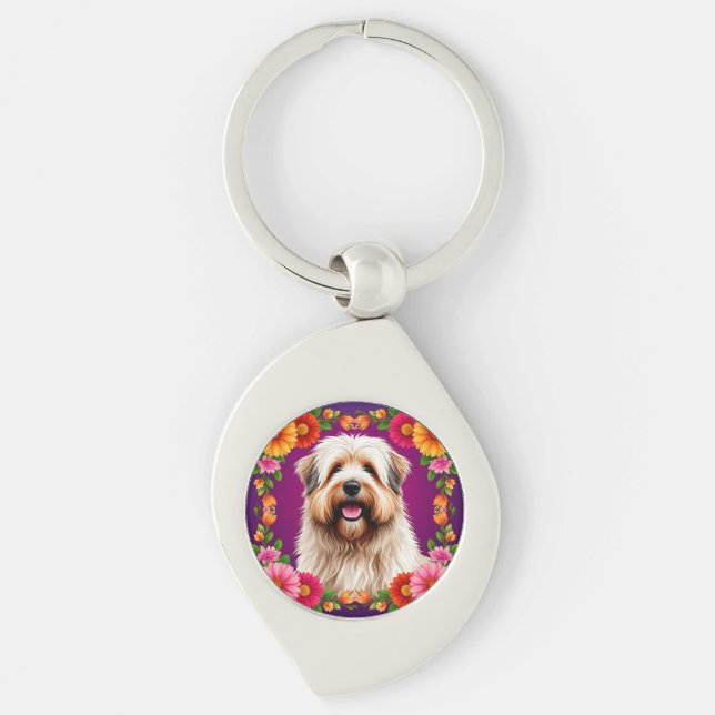 Bedårande fluffig hund med blommor swirl silverfärgad nyckelring (Framsidan)