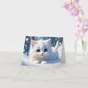 Bedårande Fluffig Vit Katt Blå Ögon Tom Greeting Kort