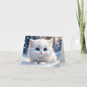 Bedårande Fluffig Vit Katt Blå Ögon Tom Greeting Kort