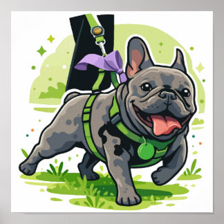Bedårande fransk bulldog promenad i parken poster