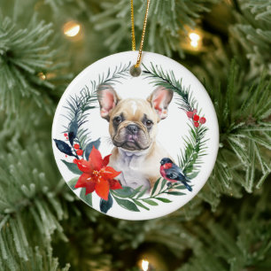 Bedårande fransk bulldogg-valp vattenfärg poinsett julgransprydnad keramik