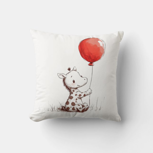 Bedårande Giraffbaby med Röd Ballong Kudde (Framsida)