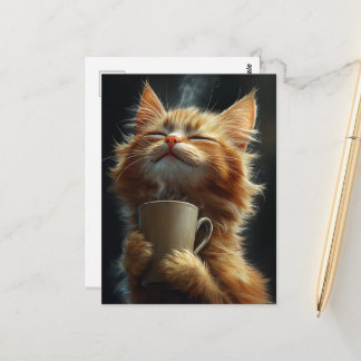 Bedårande Glad Gingerkatt Med Kaffe Vykort