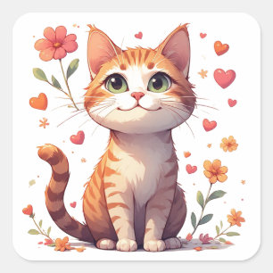 Bedårande Glad Katt Med Hjärtan Och Blommor 🌷 Fyrkantigt Klistermärke