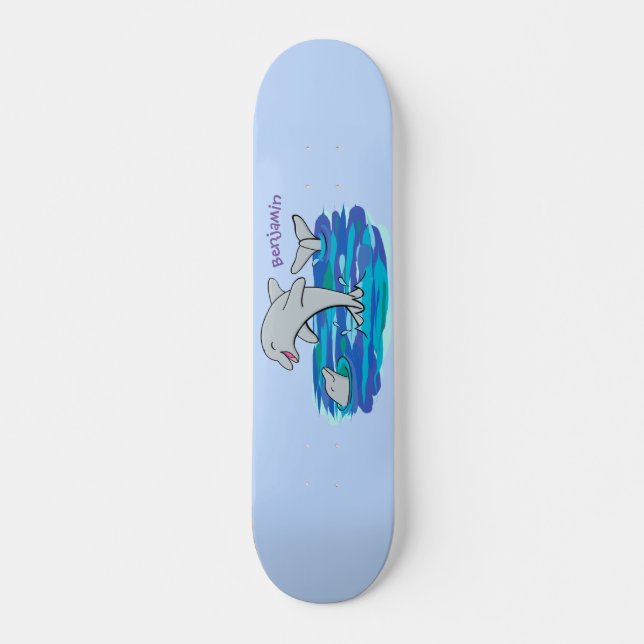 Bedårande glada delfiner serieillustration mini skateboard bräda 18,5 cm (Framsida)