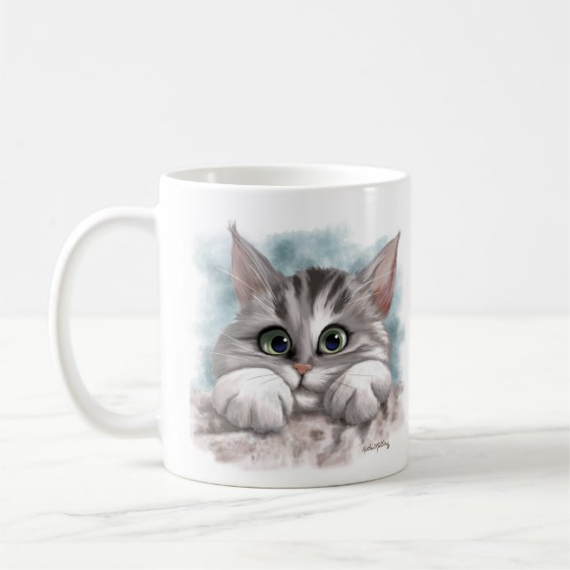 Bedårande grå tabby kattunge tecknad film kaffemugg (Vänster)