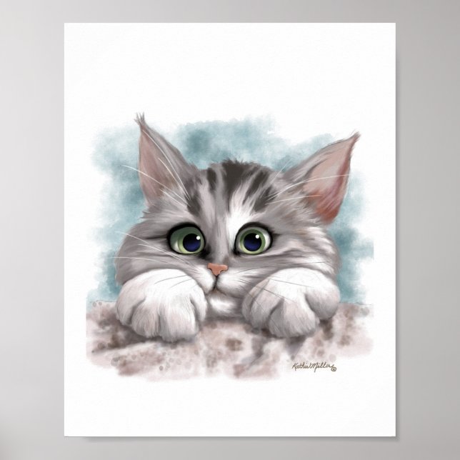 Bedårande grå tabby kattunge tecknad film poster (Framsidan)