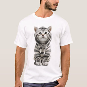 Bedårande grå tabbymaskros i randig hoodie t shirt