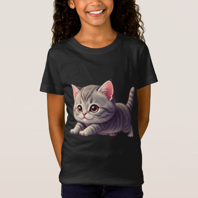 Bedårande grå tabbymaskros som hoppar lekfullt t shirt (Framsida)