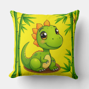 Bedårande grön seriefigur-dinosaurie bland bambupf kudde