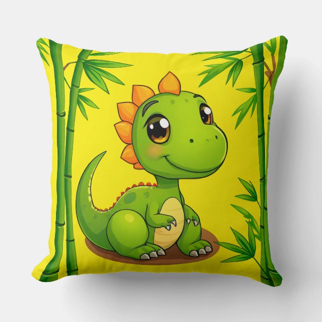 Bedårande grön seriefigur-dinosaurie bland bambupf kudde (Framsida)