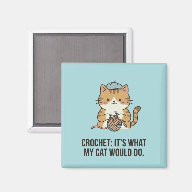 Bedårande gulbrun katt virkar blå hatt garnboll  magnet (Front/Back)