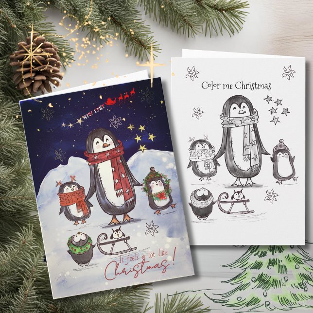 Bedårande Handritad Pingvinfamilj Julkort Helgkort (Adorable Hand Drawn Penguin Family Christmas Card)