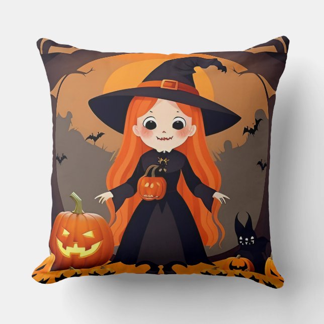 Bedårande häxa i Halloween-miljö med pumpor Kudde (Framsida)