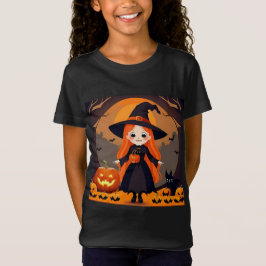 Bedårande häxa i Halloween-miljö med pumpor T Shirt