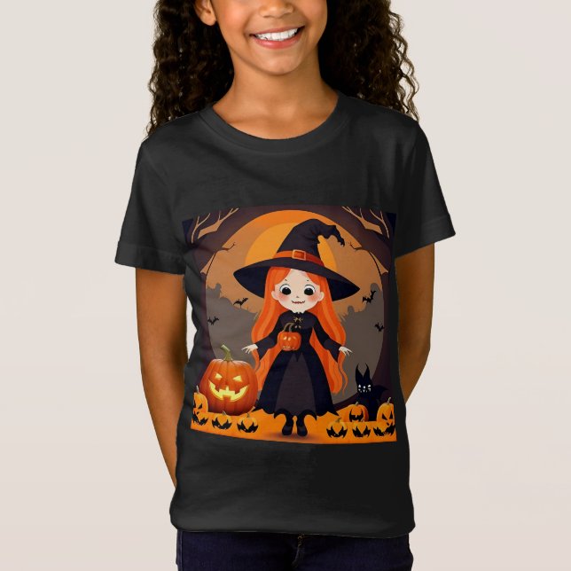 Bedårande häxa i Halloween-miljö med pumpor T Shirt (Framsida)
