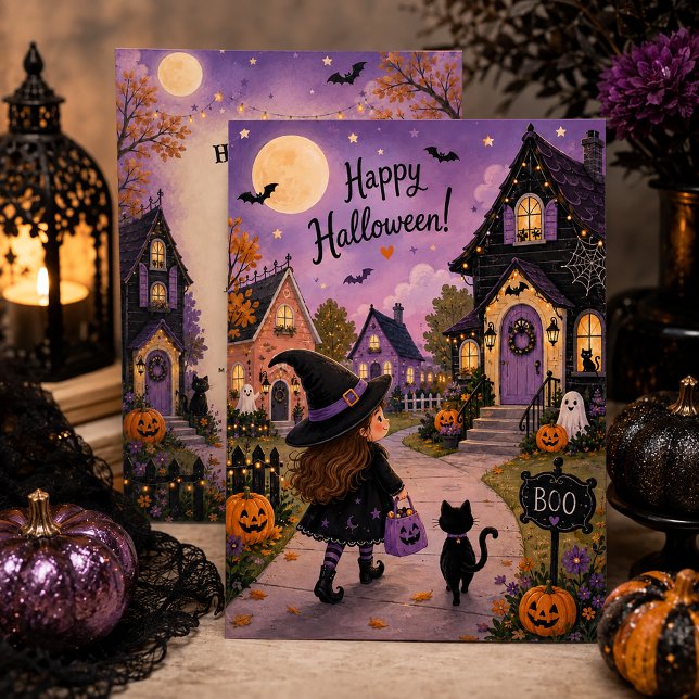 Bedårande häxa & svart katt Halloween-fest | Inbjudningar (Skapare uppladdad)
