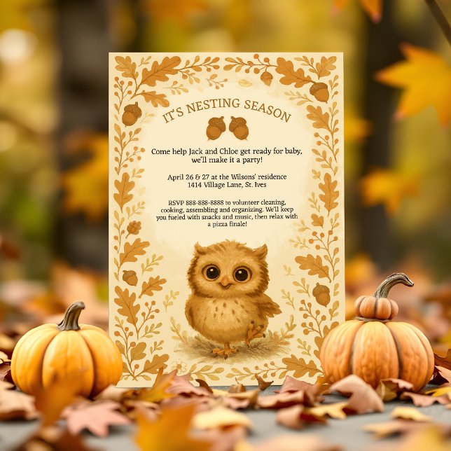 Bedårande höstbo-partys mysiga uggla skogsmark tem inbjudningar (Whimsical fall baby shower invite with cute owl, rustic woodland charm, and autumn foliage.)