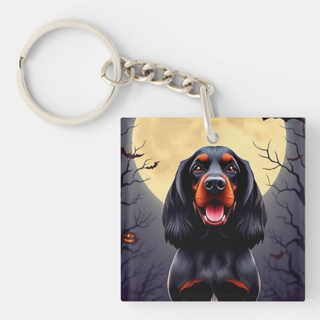 Bedårande hund i halloween-scen med pumpor (Framsidan)