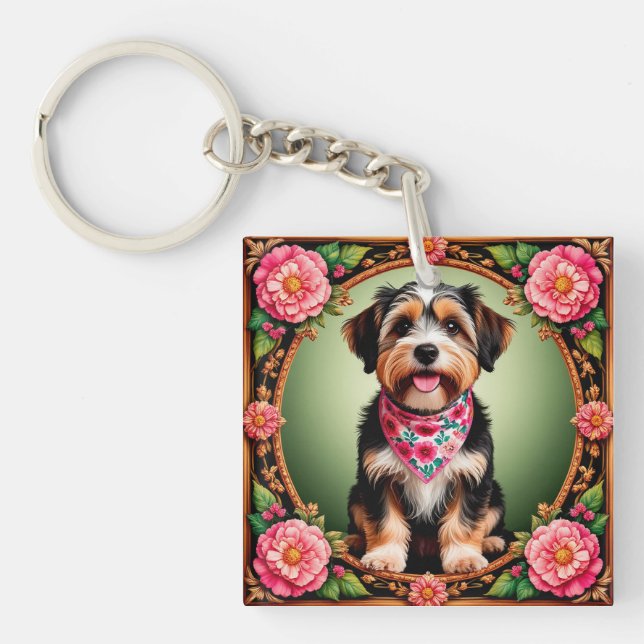 Bedårande hund ramad av färgglada blommor (Framsidan)