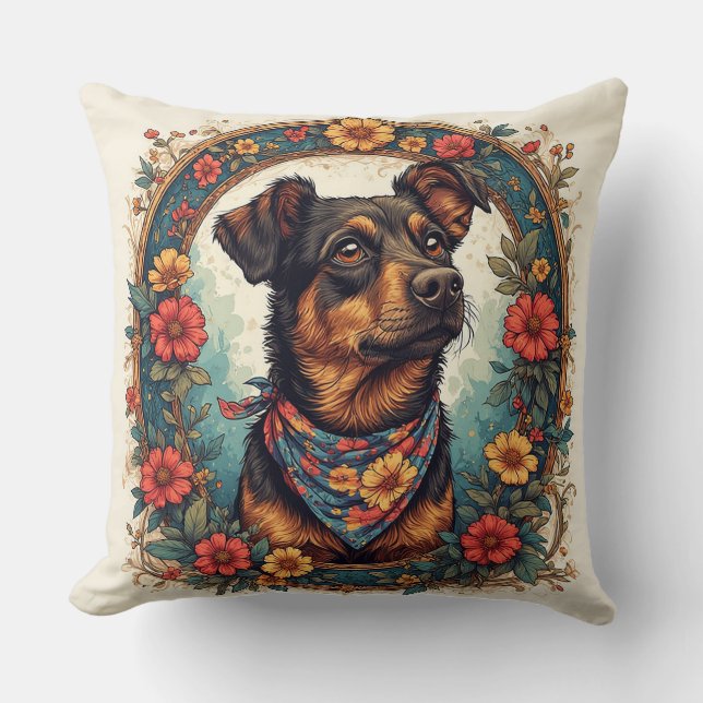 Bedårande hund ramad av färgglada blommor kudde (Framsida)